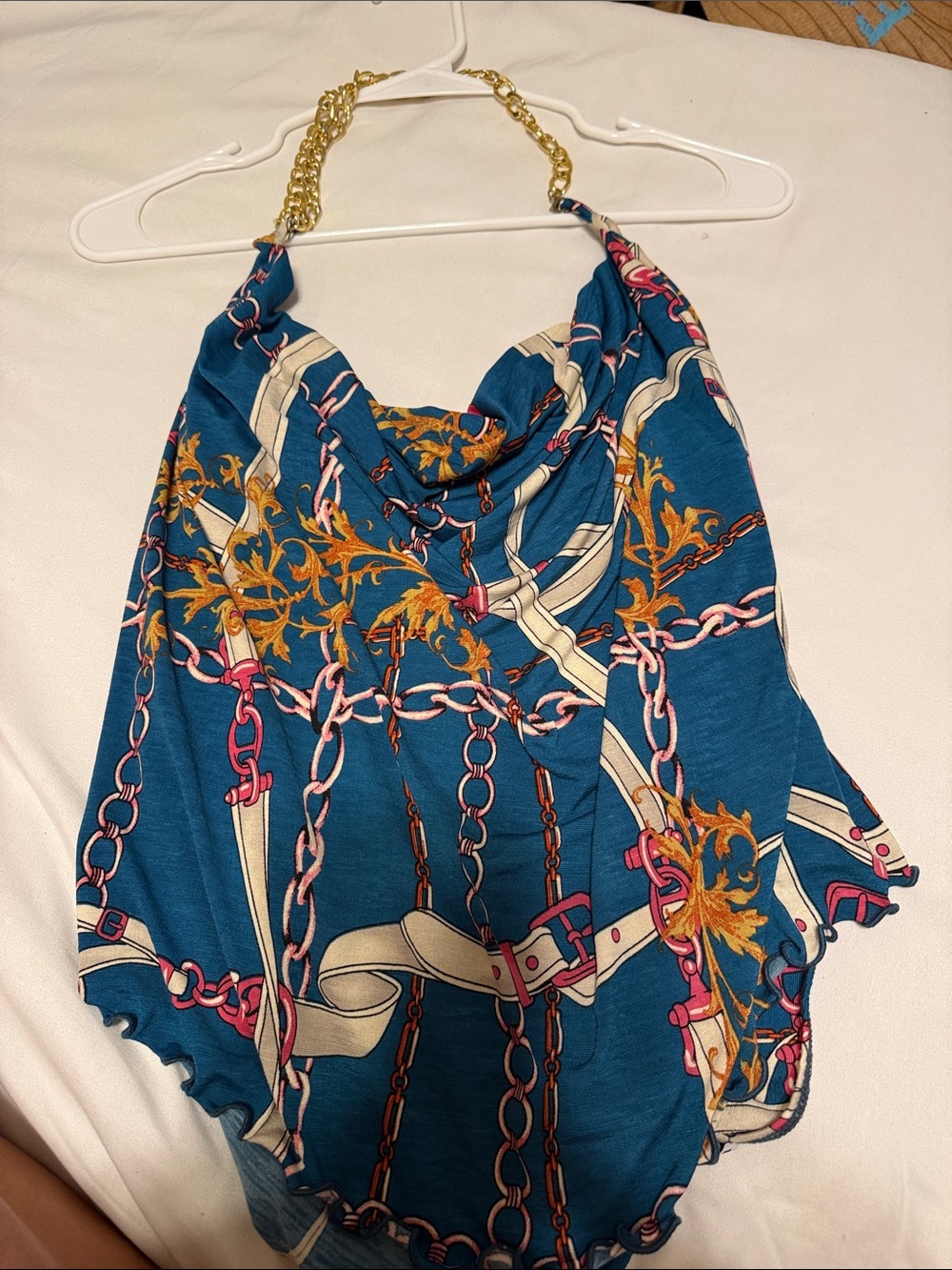 Fashion Nova Teal Chain Print Halter Crop Top with Gold Chain